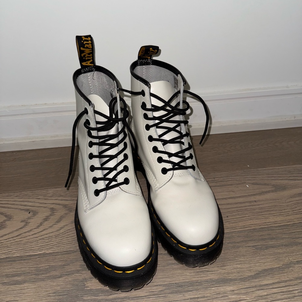 Dr. Martens White Leather Combat Boots with Black Laces